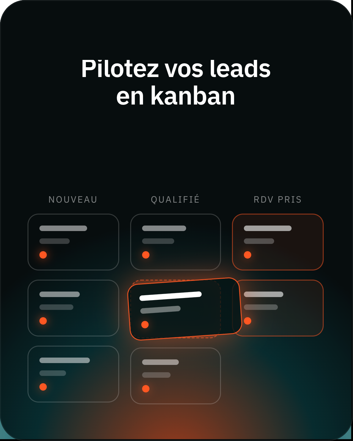Pipeline CRM — kanban et fiche lead.